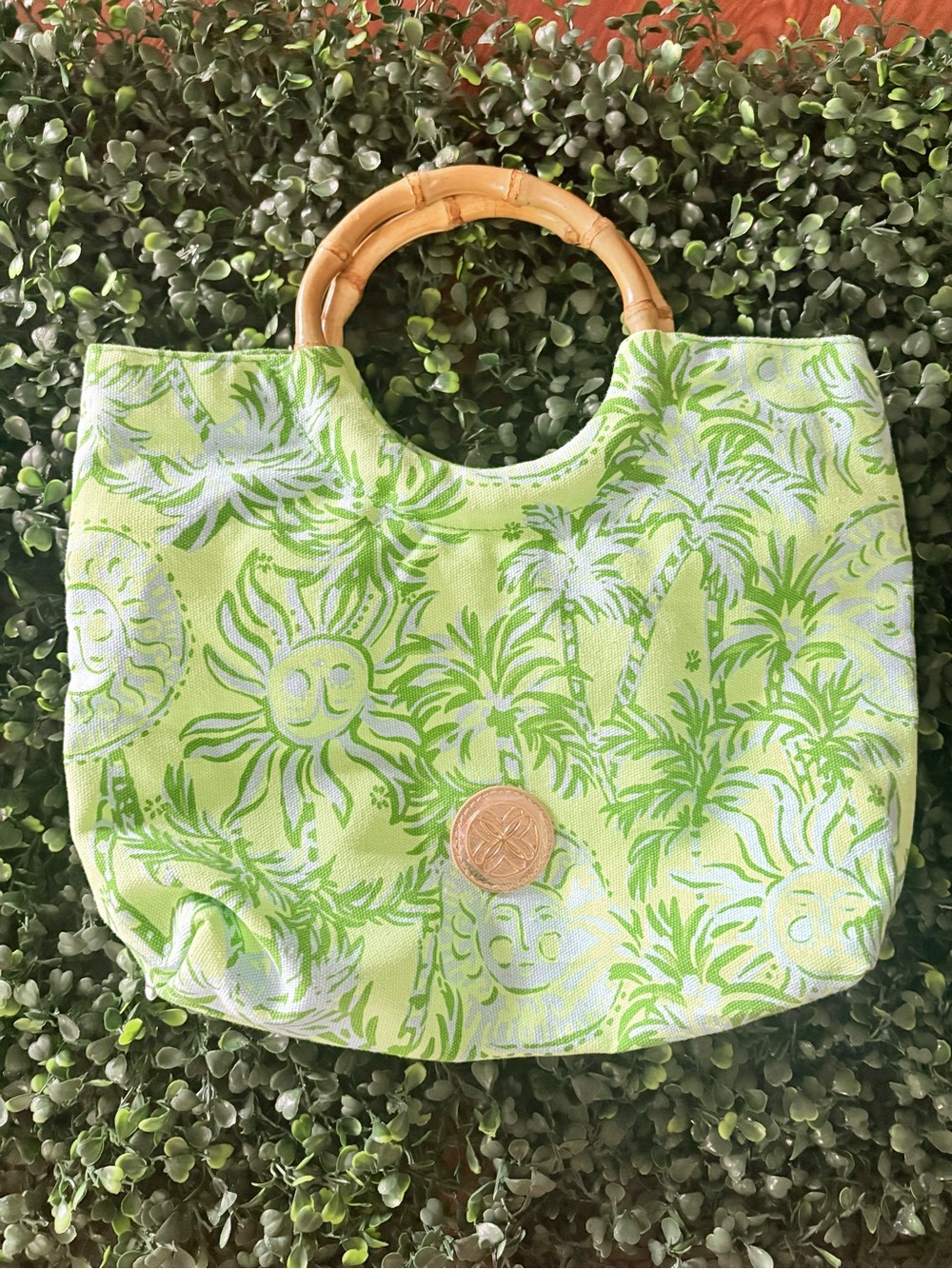 Lilly Pulitzer Lime Green Tropical Print Mini Bag with Bamboo Handles